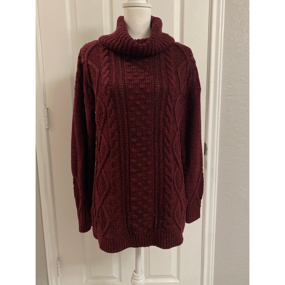 Lands' End Cable Knit Cowl Neck Sweater S Burgundy Wool Blend Chunky